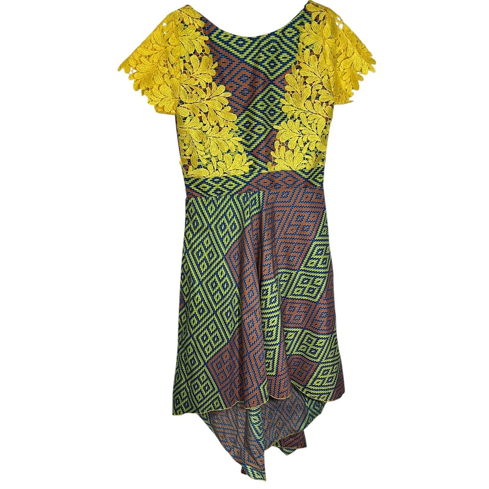 Handmade‎ 14 Yellow Blue Geometric Lace High Low Dress African Print Cultural